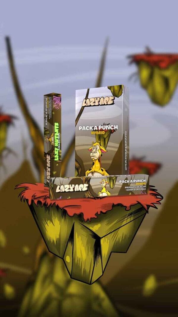 **"Experience Lazy Ape Pack Punch: bold flavors, intense potency, premium cannabis oil, and sleek convenience for the ultimate vaping satisfaction."**