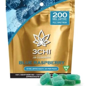Enjoy the euphoric effects of 3Chi Delta 9 THC Gummies 200mg, 20ct – Blue Raspberry, offering relaxation and stress relief.
