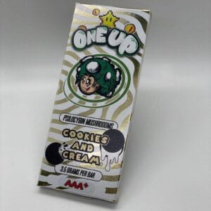 Indulge in One Up Cookies and Cream—delicious white chocolate with cookie crunch, infused with premium mushrooms for a unique, uplifting experience.