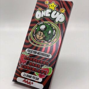 Indulge in One Up Raspberry Dark Chocolate—premium dark chocolate with raspberry and mushroom infusion for mood enhancement and creativity.