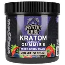 Mystic Labs Kratom Gummies offer 30mg MIT per gummy in a delicious mixed berry flavor, promoting energy, focus, and relaxation.