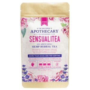 Brothers Apothecary Sensualitea CBD Tea offers 60mg full-spectrum CBD per serving, promoting relaxation, mood enhancement, and a soothing tea experience.