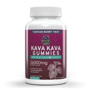 Relax with Mystic Labs Kava Gummies – Tahitian Berry Twist, 1200mg Kavaton per 30ct. Delicious, potent, lab-tested stress relief in every bite!