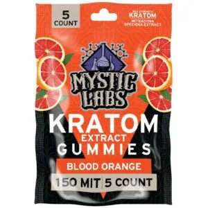 Experience potent Mystic Labs Kratom Gummies – Blood Orange, 150 MIT per gummy, 5ct pack. Delicious, high-strength, lab-tested, and convenient!