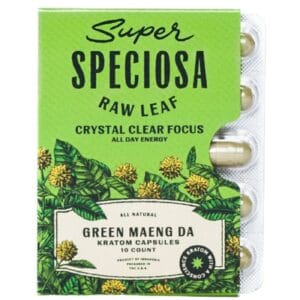 Boost energy, focus, and mood with Super Speciosa Green Maeng Da Kratom Capsules. 10ct of premium, lab-tested kratom.