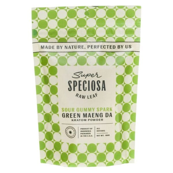 Enjoy energizing focus and mood with Super Speciosa Green Maeng Da Kratom Powder in a tangy Sour Gummy Spark flavor.