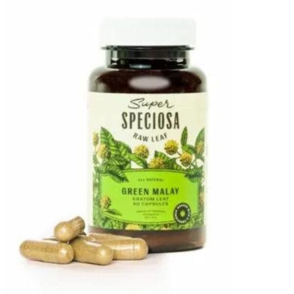 Super Speciosa Green Malay Kratom Capsules (60ct) offer balanced energy, focus, mood enhancement, and mild pain relief in convenient doses.