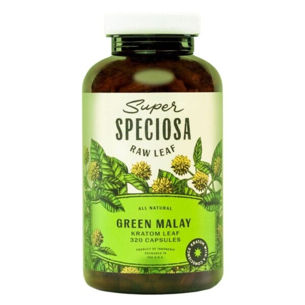 Super Speciosa Green Malay Kratom Capsules (320ct) offer balanced energy, focus, mood enhancement, and mild pain relief in bulk.