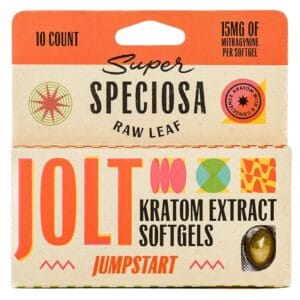 Super Speciosa Jolt Kratom Extract Softgels offer 10ct of fast-acting, high-potency Kratom for energy, focus, and relief.