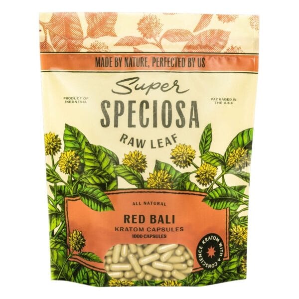 Super Speciosa Red Bali Kratom Capsules (1000ct) provide natural pain relief, relaxation, and improved sleep with long-lasting effects.