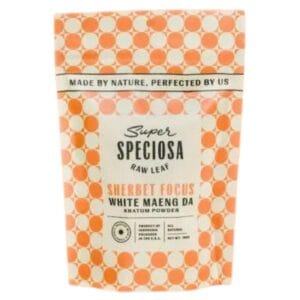 Boost energy and focus with Super Speciosa White Maeng Da Kratom Powder, Sherbet Focus flavor. 100g of premium kratom.