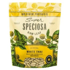 Super Speciosa White Thai Kratom Capsules (1000ct) offer energy, focus, and mood enhancement with convenient, precise dosing for daily use.